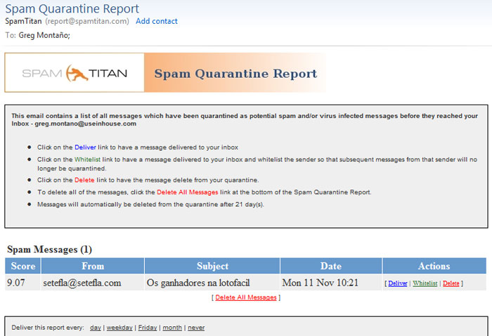 SpamTitan Spam Quarantine Report Screenshot